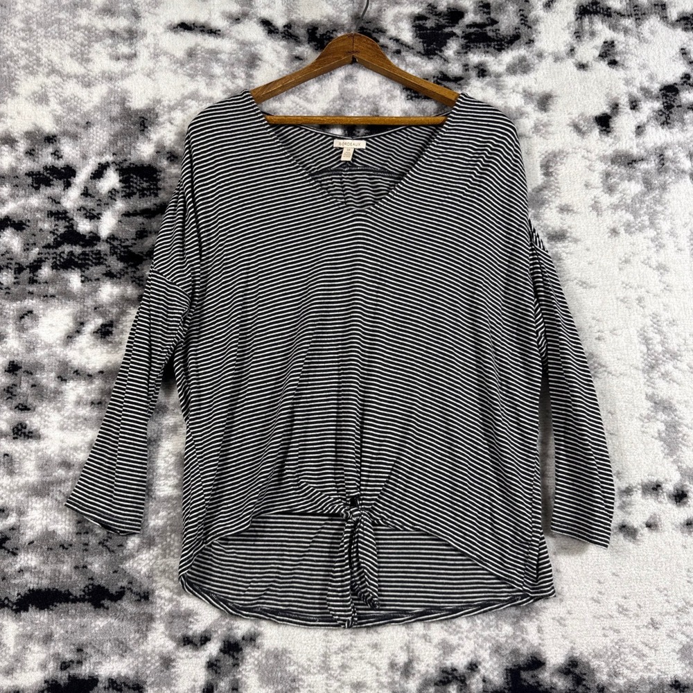BORDEAUX Black White‎ Stripe Knit Tie Front V Neck Long Sleeve Top S P